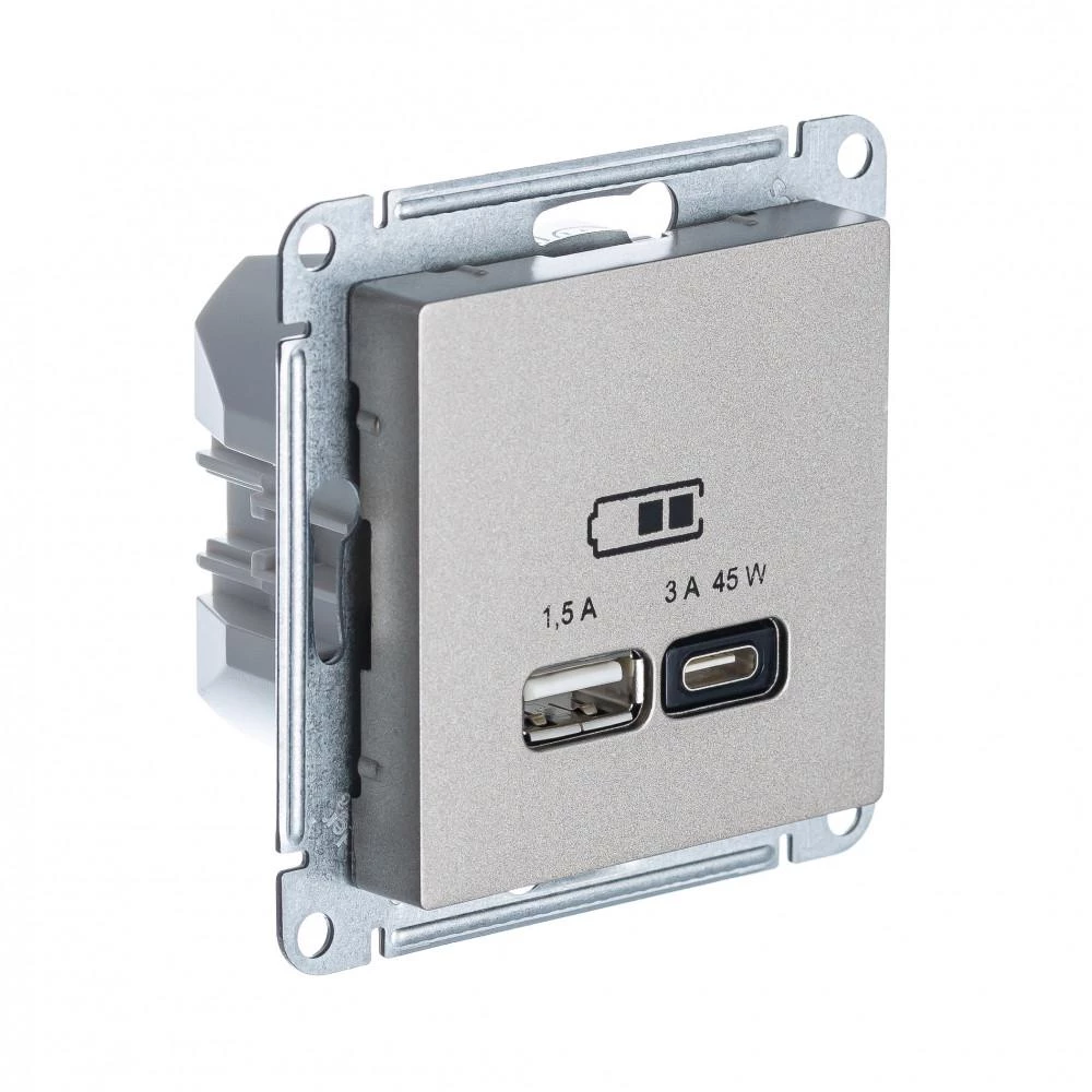  артикул ATN000529 название Розетка двойная для быcтрой зарядки USB, Тип А+С, 45Вт , Шампань, серия Atlas Design, Schneider Electric
