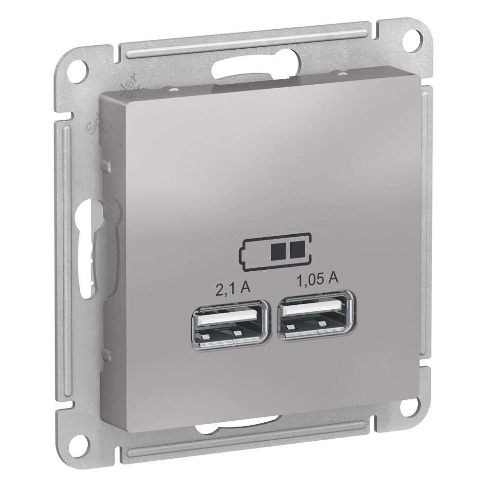  артикул ATN000333 название Зарядное устройство USB с двумя выходами 2100 мА , Алюминий, серия Atlas Design, Schneider Electric