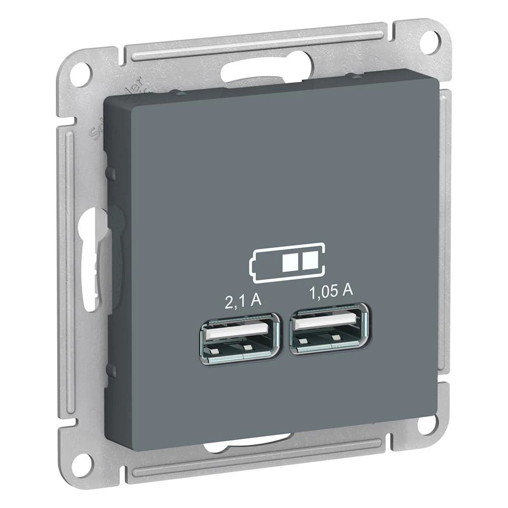  артикул ATN000733 название Зарядное устройство USB с двумя выходами 2100 мА , Грифель, серия Atlas Design, Schneider Electric