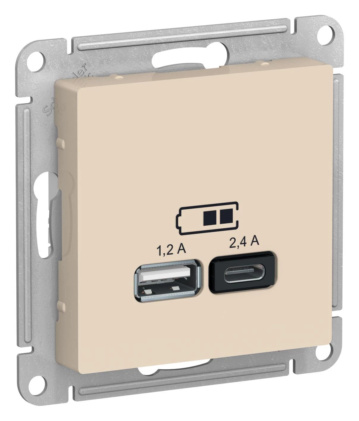  артикул ATN000239 название Розетка USB 2-ая Тип А+С, 2400 мА (для подзарядки) , Бежевый, серия Atlas Design, Schneider Electric