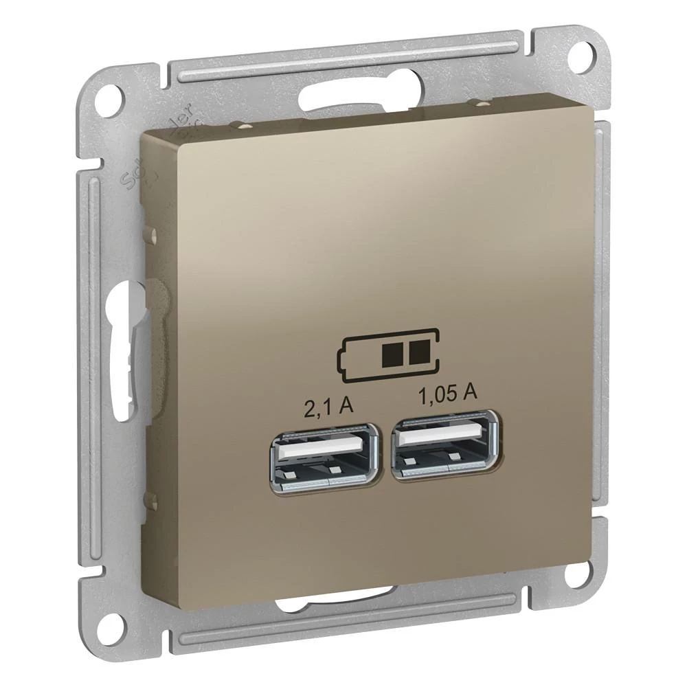  артикул ATN000533 название Зарядное устройство USB с двумя выходами 2100 мА , Шампань, серия Atlas Design, Schneider Electric