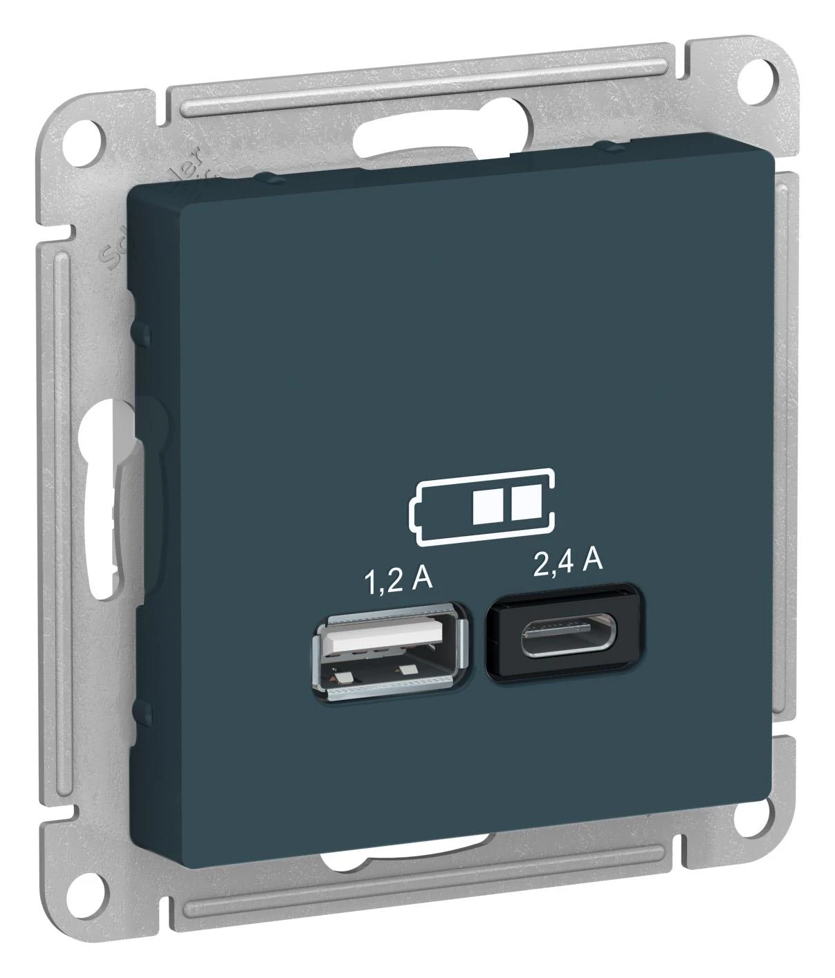  артикул ATN000839 название Розетка USB 2-ая Тип А+С, 2400 мА (для подзарядки) , Изумруд, серия Atlas Design, Schneider Electric
